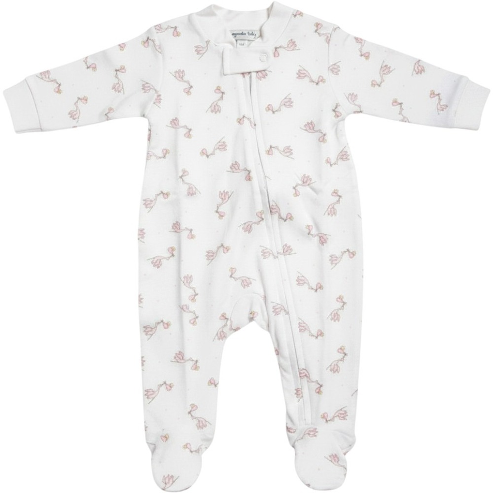 Magnolia Baby Stork Print Pima Cotton Zipper Footie Sleeper White Pink Newborn